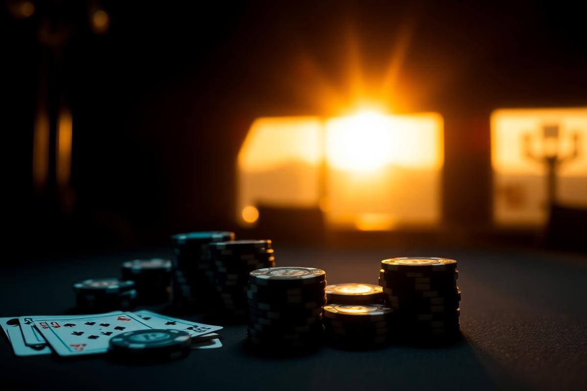 Pokerchips en kaarten bij zonsondergang